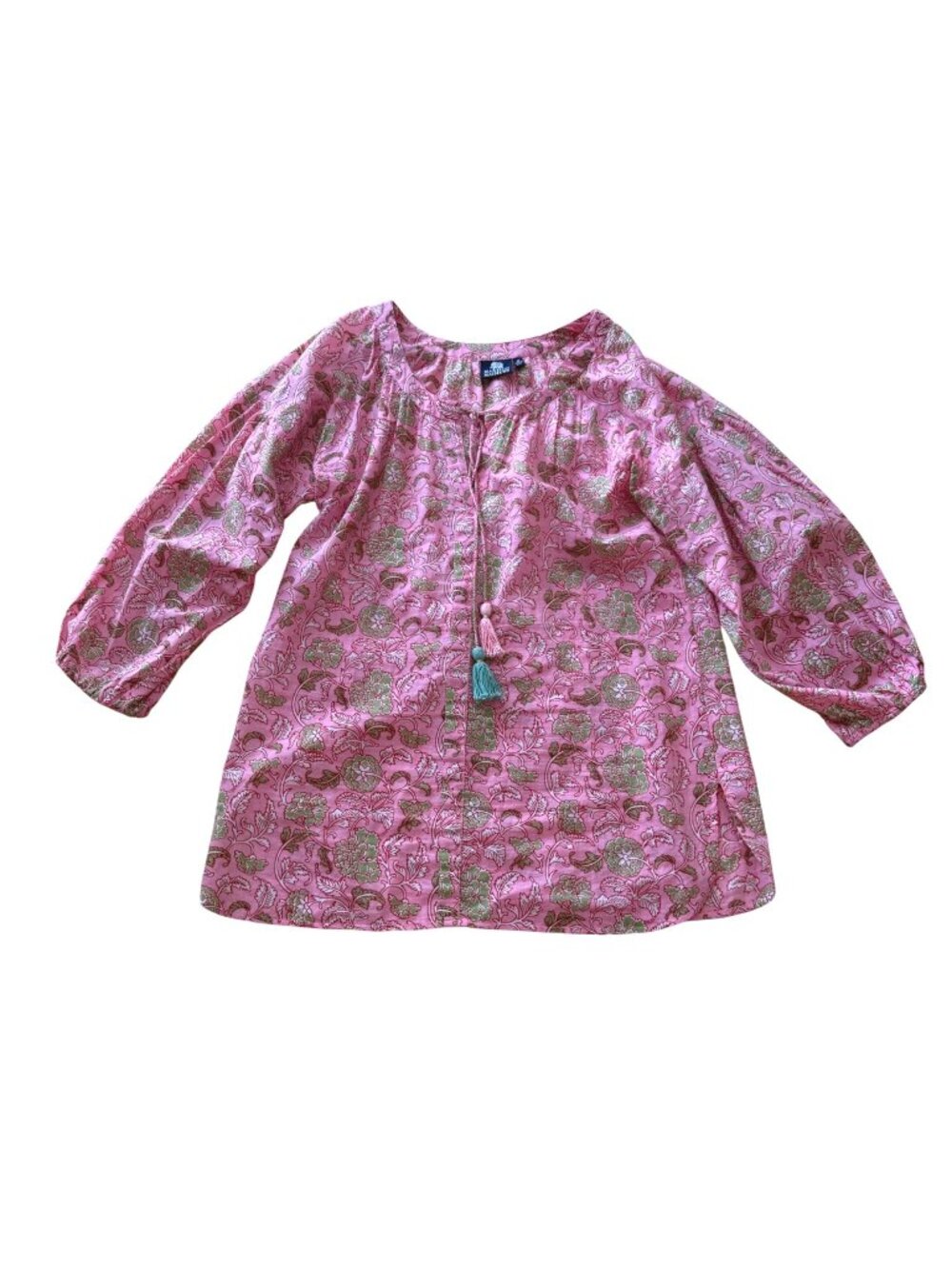 Madison Mathews Women's Peasant Top Size M Pink Floral Tassel Tie 3/4 Sleeve